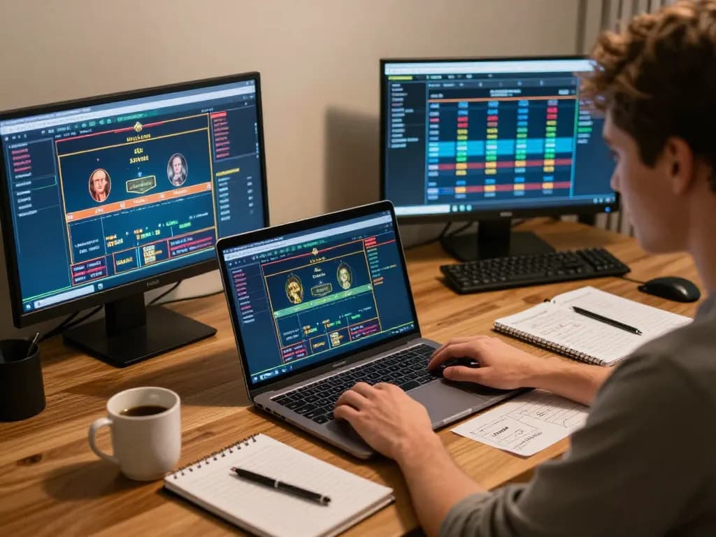 Dewa togel player analyzing strategies on laptop in cozy home office setup