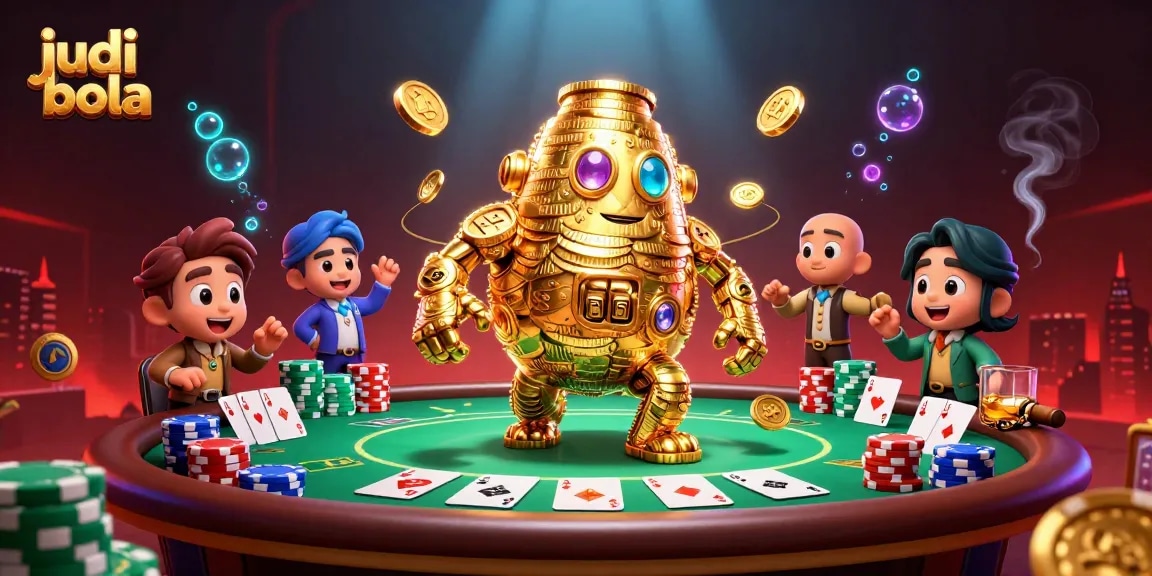 Engage in judi bola betting with a vibrant scene of gold golems and poker elements.