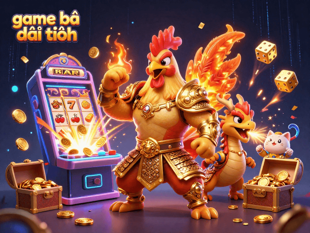 Engage in game bài đổi thưởng with a warrior rooster, dragon hatchling, and gold-filled slot machine.