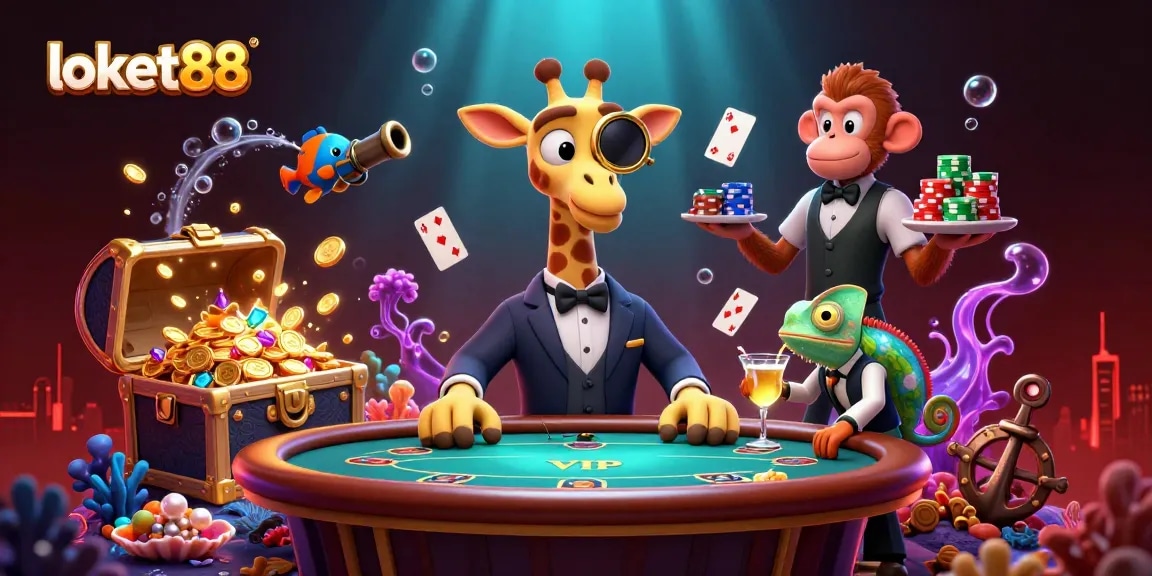 Experience loket88's thrilling poker scene with animated characters and vibrant casino elements.