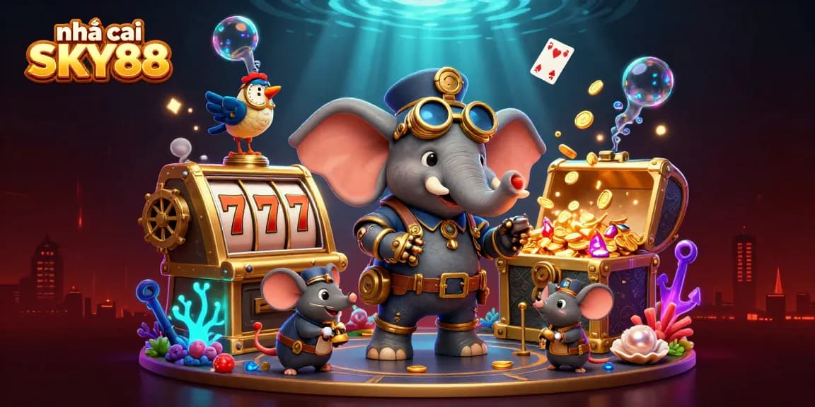 Engage with nhà cái SKY88 and experience thrilling slot adventures in a dynamic 3D casino scene.