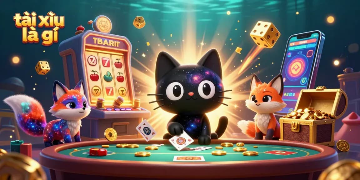 Engage in the thrilling universe of tài xỉu là gì with a cosmic casino scene of vibrant characters and gaming elements.