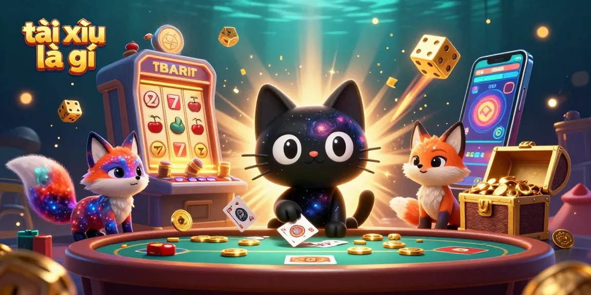 Engage in the thrilling universe of tài xỉu là gì with a cosmic casino scene of vibrant characters and gaming elements.