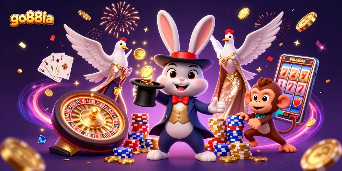 Experience the magic of go88ia with a vibrant illustration of a casino scene featuring whimsical characters and games.