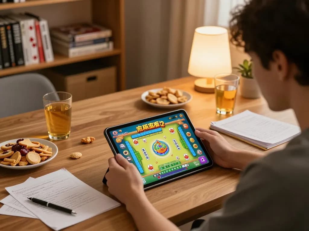 Player enjoying Mahjong Ways 2 on a tablet, snacks and strategy notes around, cozy gaming setup