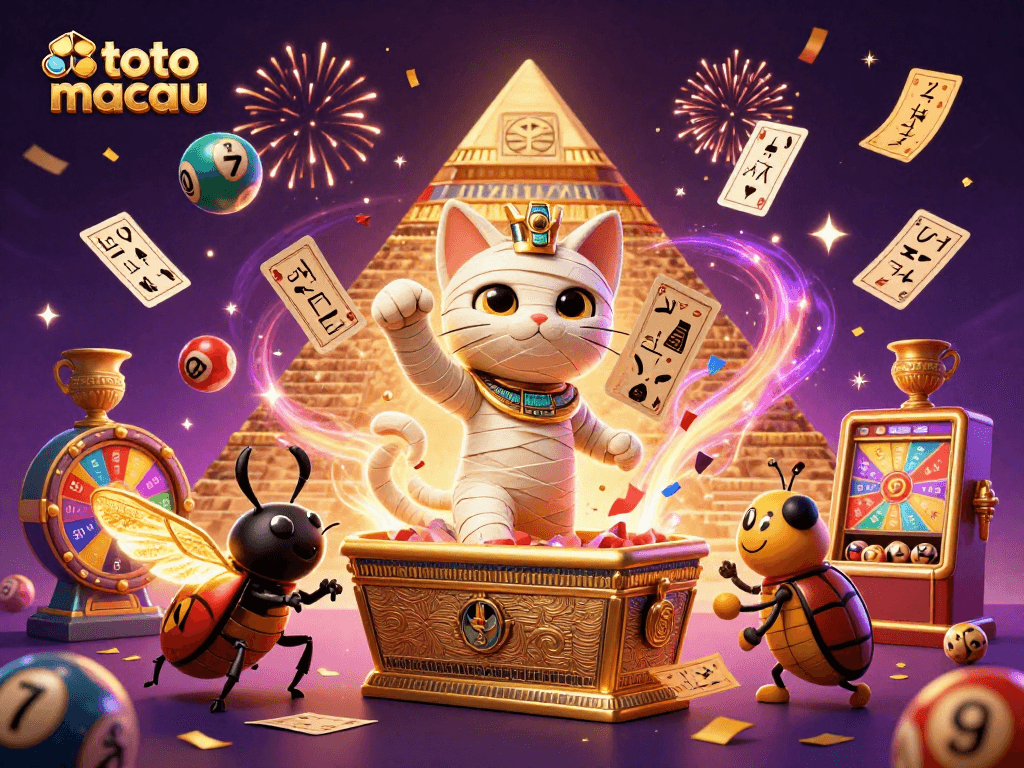 Toto Macau lottery prediction scene featuring a lively mummy cat, gold elements, and vibrant gaming visuals.