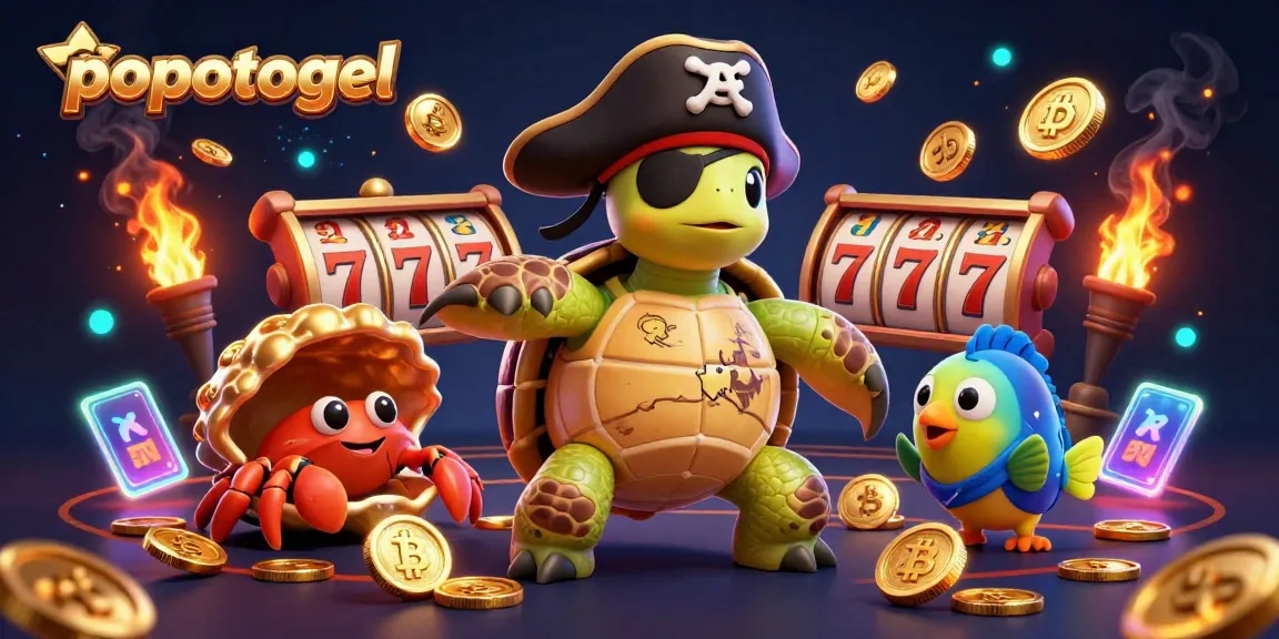 Engage with popotogel's vibrant gambling scene featuring a pirate turtle, crab, and fish amidst dynamic slot elements.