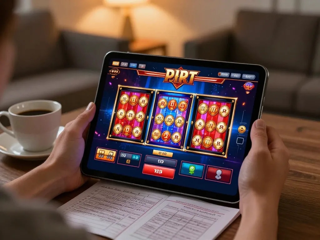 Orang yang berinteraksi dengan permainan slot online di tablet dalam suasana ruang tamu yang nyaman