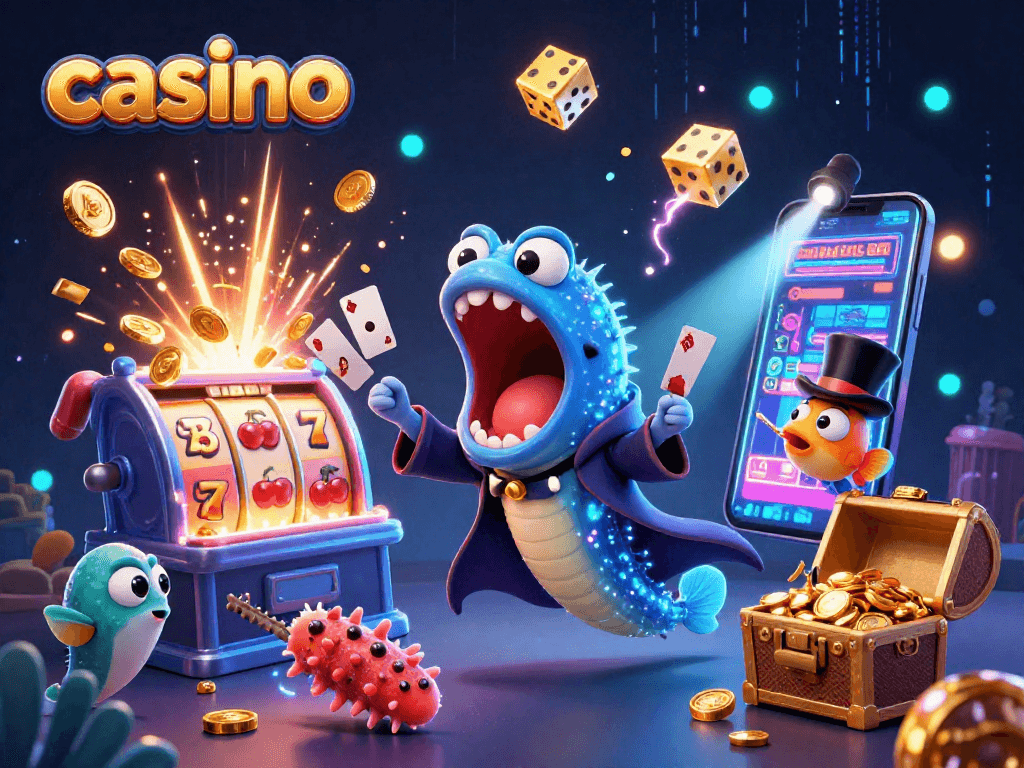 Experience thrilling casino magic with deep-sea creatures performing tricks amidst slot machines and treasures.