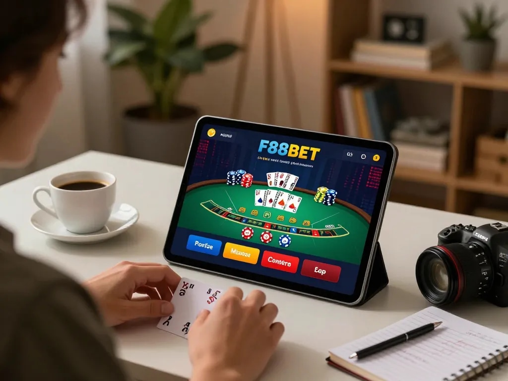 Engaging with F88BET online, a player enjoys a live blackjack game on a stylish tablet in a cozy home setting.