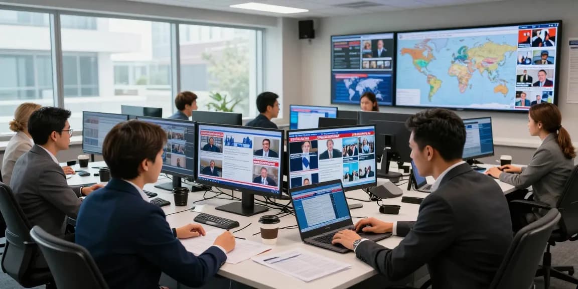 Dynamic newsroom at https://www.theindaily.com with journalists engaging in real-time news reporting and collaborative discussions.