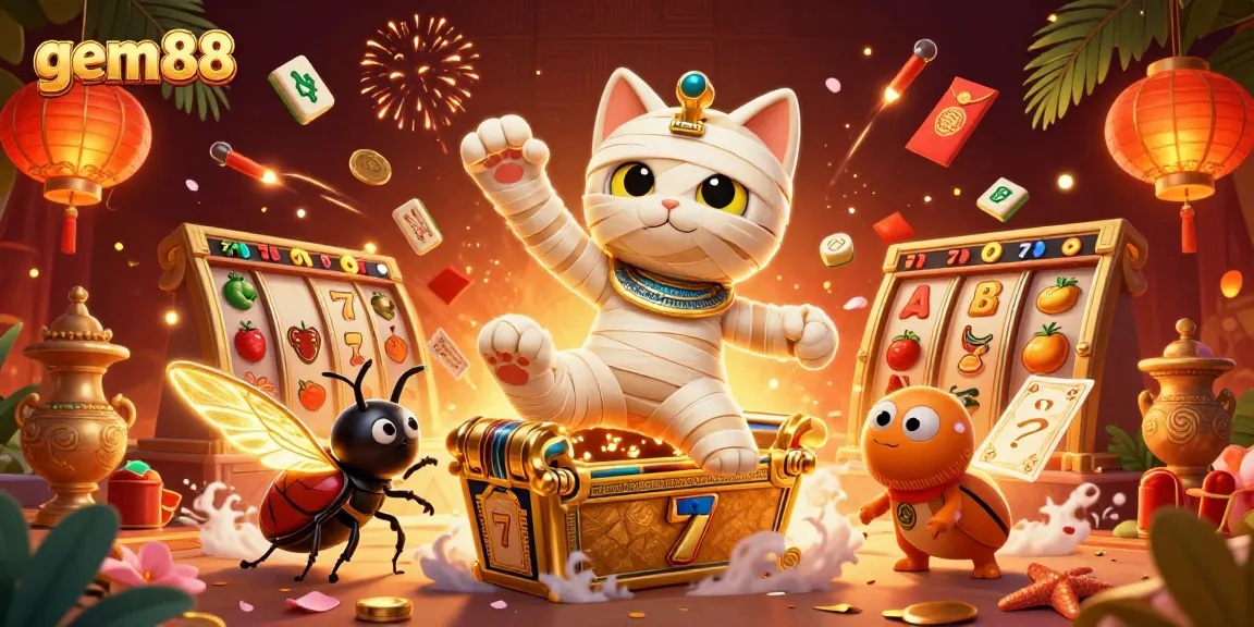 Experience exciting games like gem88 with a dynamic Egyptian-themed casino scene filled with vibrant elements.