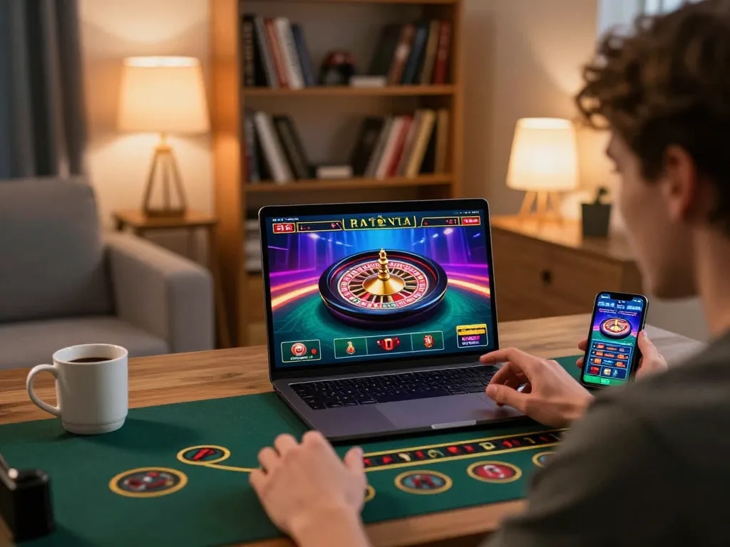 Jun88 online gaming scene with a player engaging in live roulette from a cozy home setup.