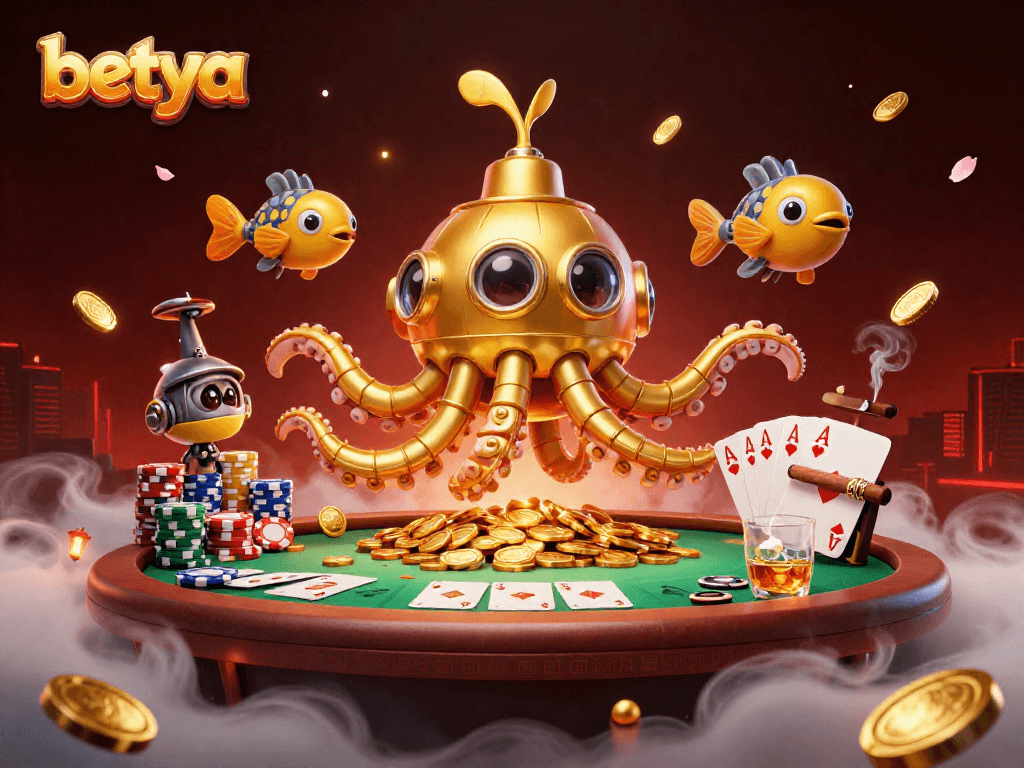 Join the excitement with betya at this vibrant and dynamic poker scene featuring a golden kraken submarine!