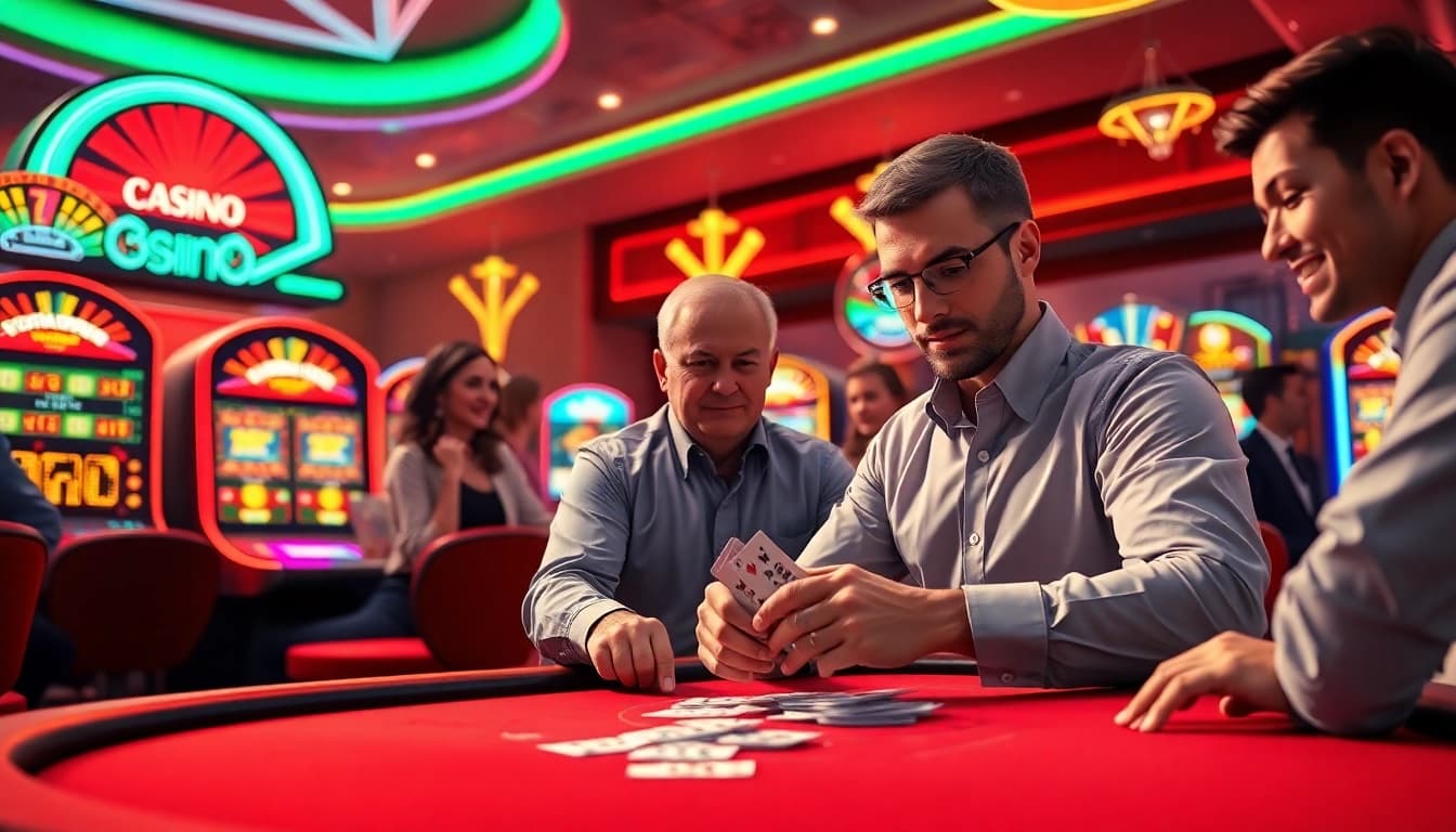 Spiele bei casinospiele.de in einem lebhaften Casino mit anregenden Spieltischen.