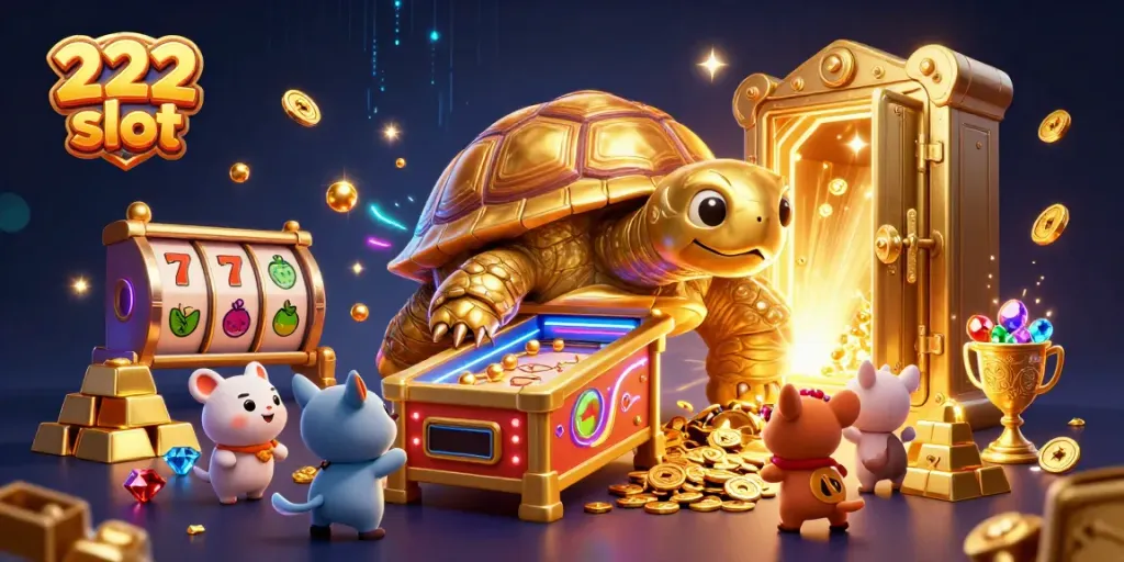 Memenangkan jackpot dalam 222 slot dengan simbol dan elemen menarik yang bersinar.
