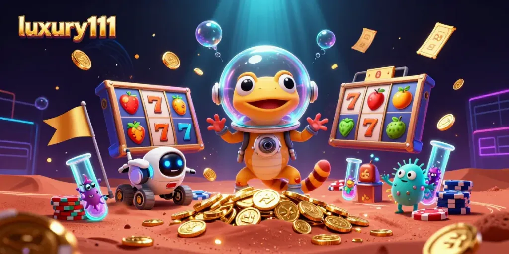 Engage in thrilling wins at luxury111 with a vibrant Martian casino scene full of lively slots and colorful game elements.