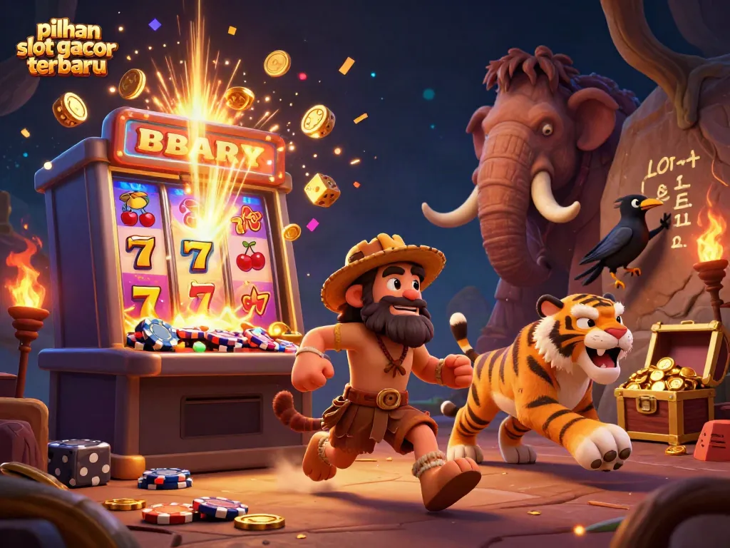 Gambar ilustrasi 3D pilihan slot gacor terbaru, kasino prasejarah dengan karakter menarik dan elemen permainan.
