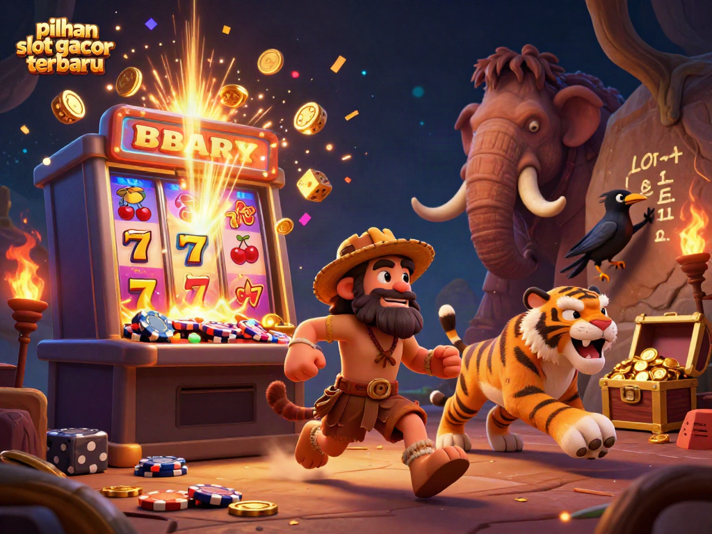 Gambar ilustrasi 3D pilihan slot gacor terbaru, kasino prasejarah dengan karakter menarik dan elemen permainan.