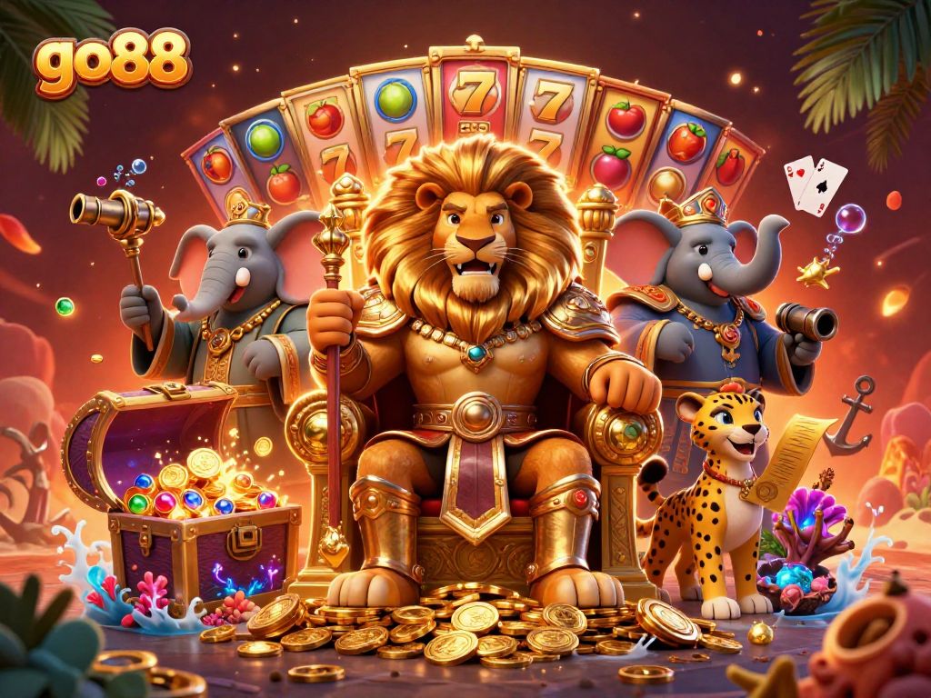 Experience the excitement of go88 with lion king and slot reels in a vibrant 3D casino scene.