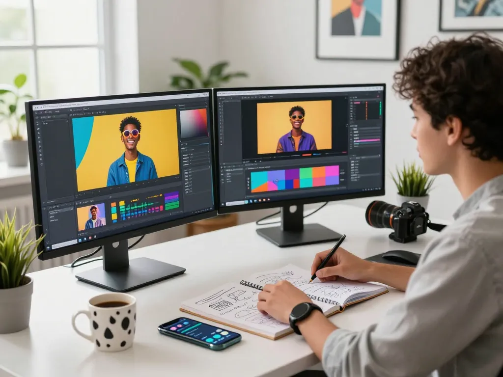Content creator using nano banana 2 for vibrant image editing in a modern workspace.