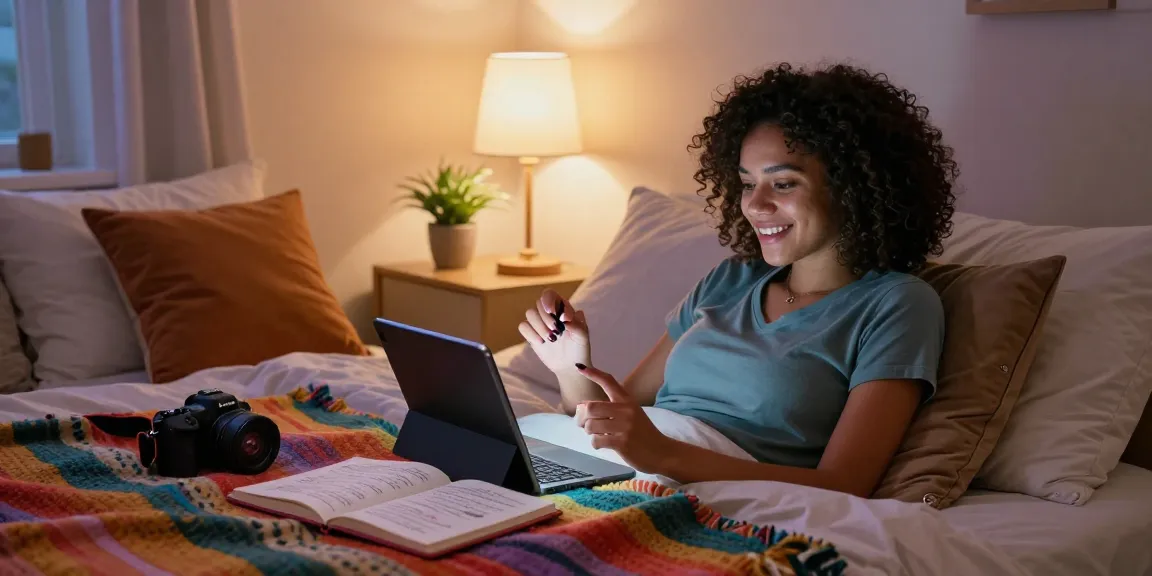 Engaging in sexting AI on a tablet in an intimate bedroom setting, highlighting personal connections.
