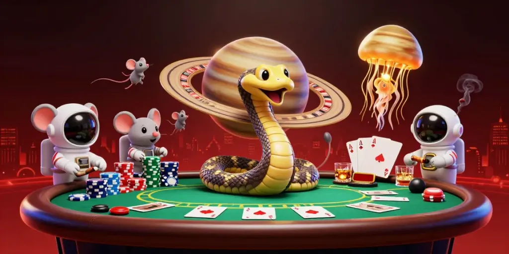 Experience the thrilling world of xx88 gambling with astronaut mice betting on a roulette-like Saturn ring.