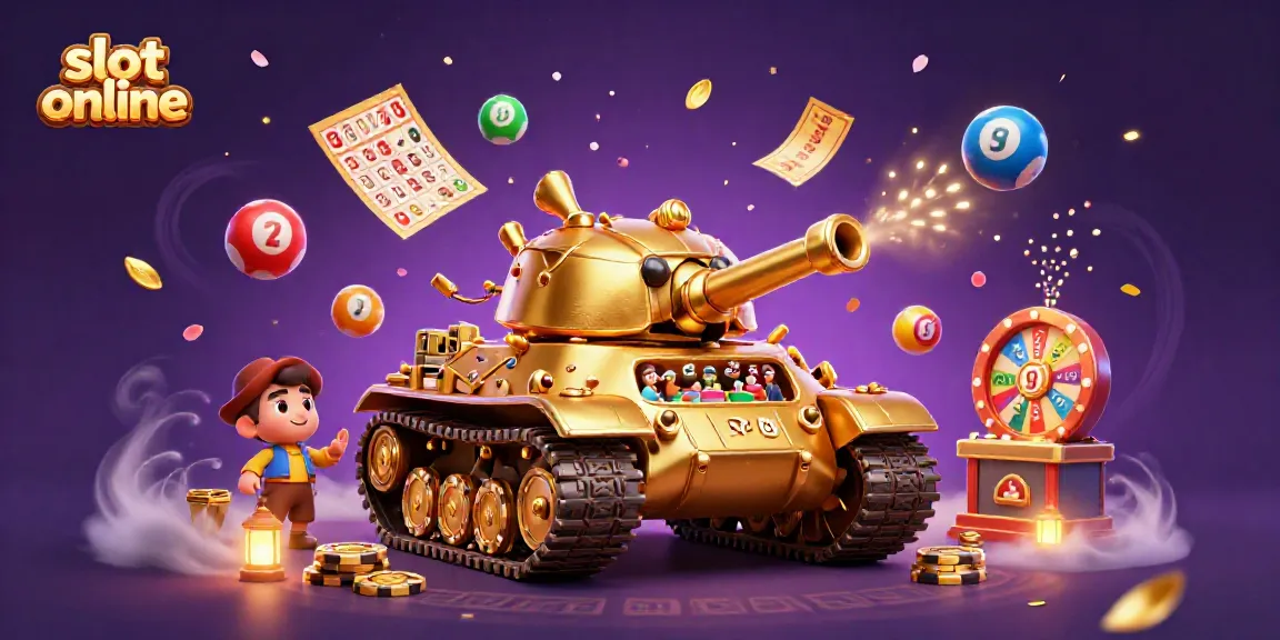 Permainan slot online dengan kereta tank keemasan yang menampilkan kasino mini dan bola lotere berwarna.