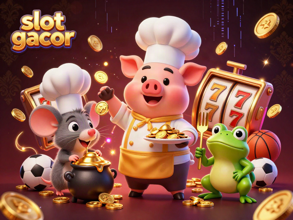 Experience slot gacor magic with a chef pig serving gold coins amidst vibrant game elements.
