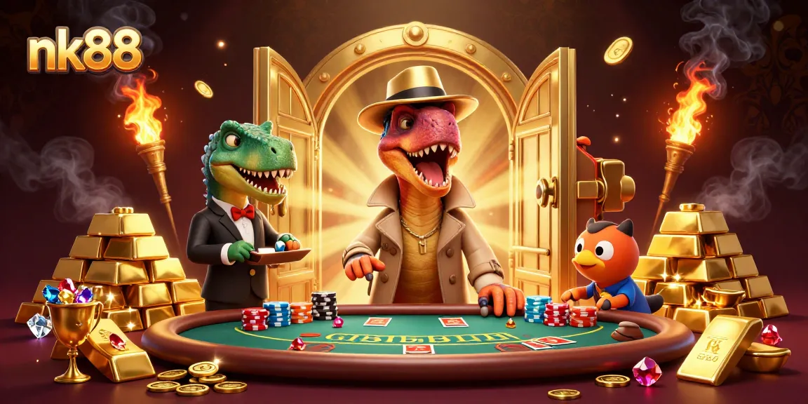 nk88 offers thrilling casino adventures with a velociraptor card counter and treasures all around.