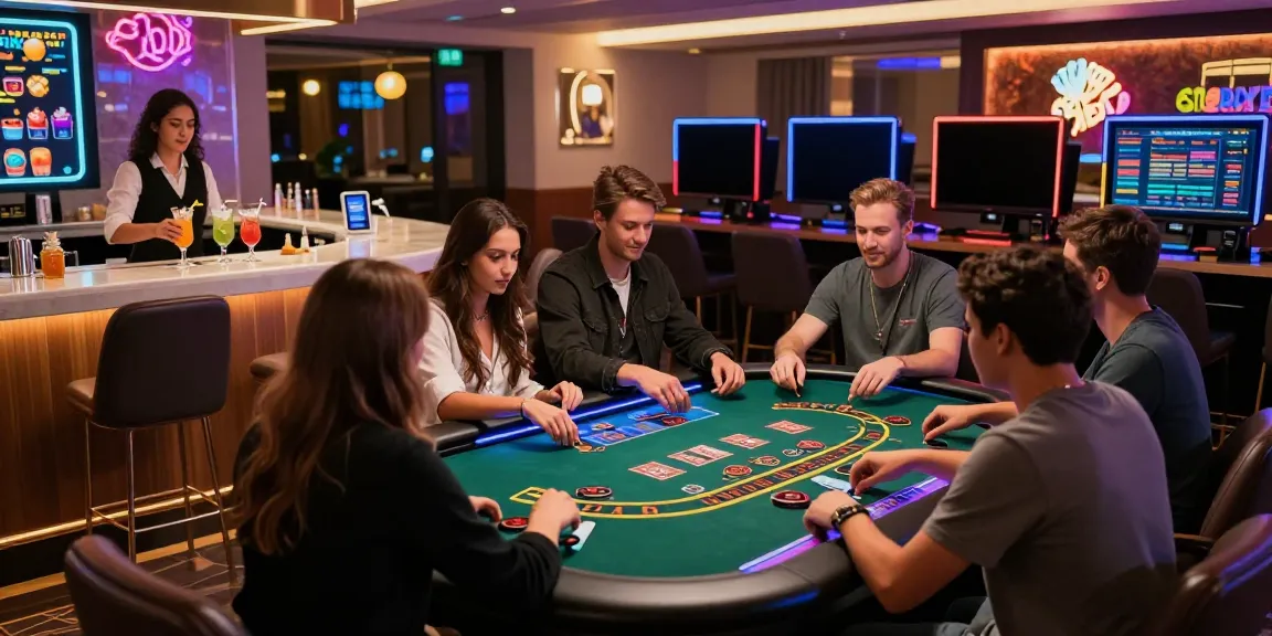 Zážitek z hraní online kasin, přátelé u stolu blackjack se stylovými digitálními prvky.