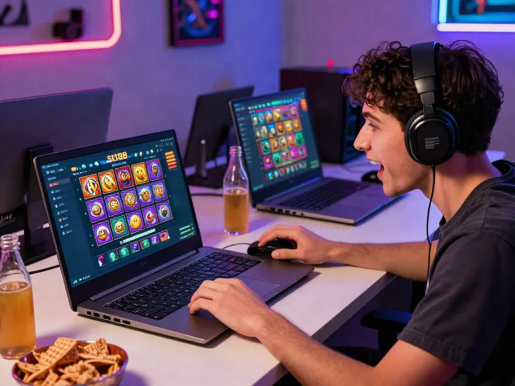 Gamer enjoying slot88 online gaming experience on a laptop.
