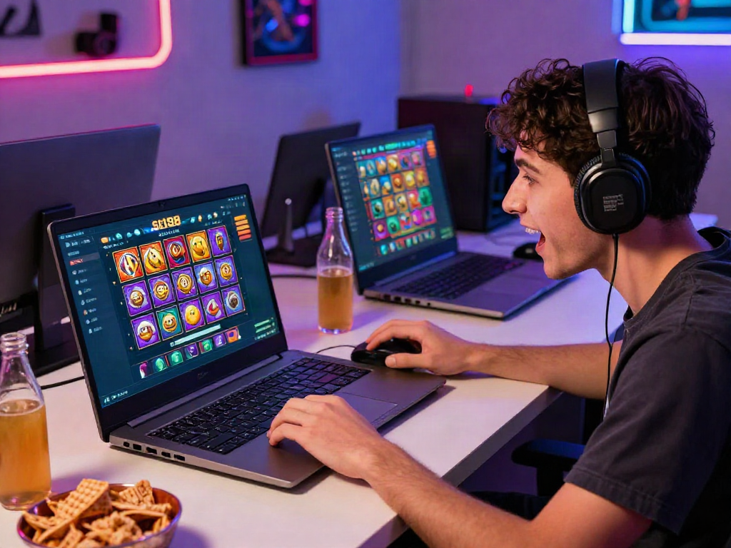 Gamer enjoying slot88 online gaming experience on a laptop.