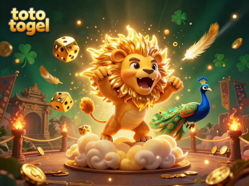 Experience thrilling toto togel moments with a lion, golden dice, and vivid gaming elements.