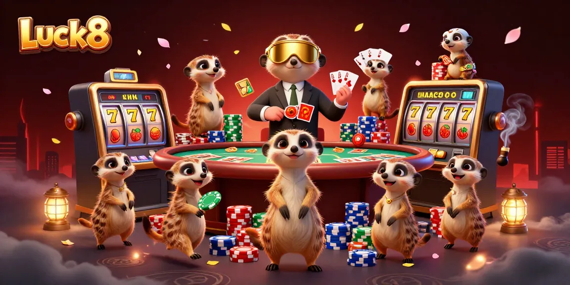 Luck8 casino operations illustrated by a cute meerkat colony filled with vibrant game elements.