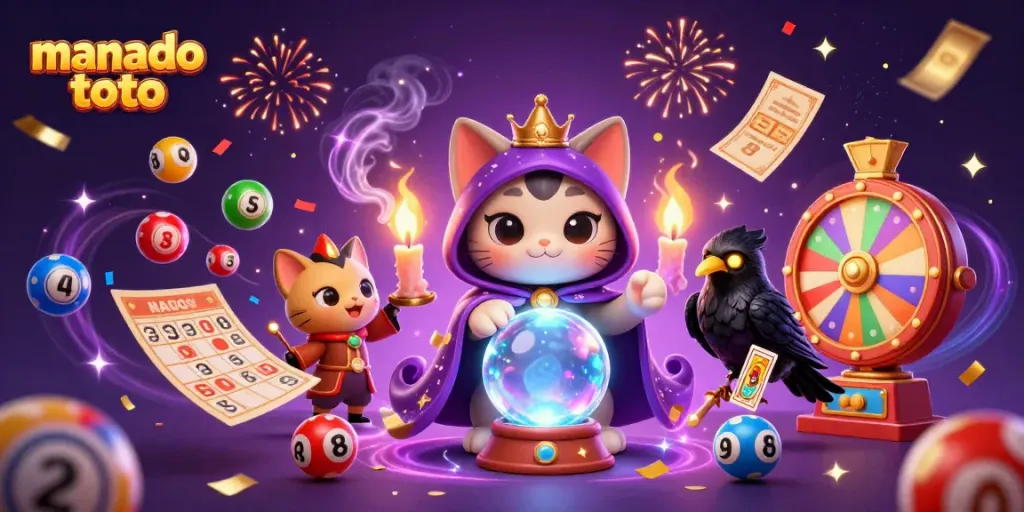 Play games with manado toto featuring a mystical cat with a crystal ball and vibrant lottery elements