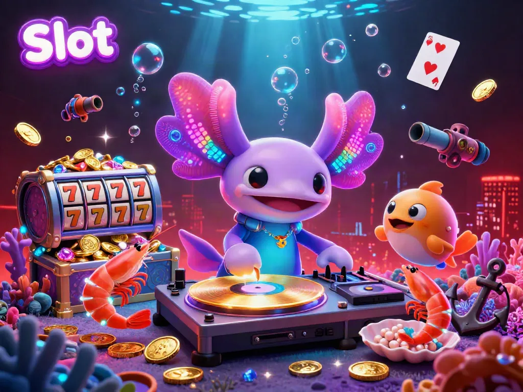 Slot mesin yang meriah dengan DJ axolotl neon dan elemen permainan di latar bawah laut.