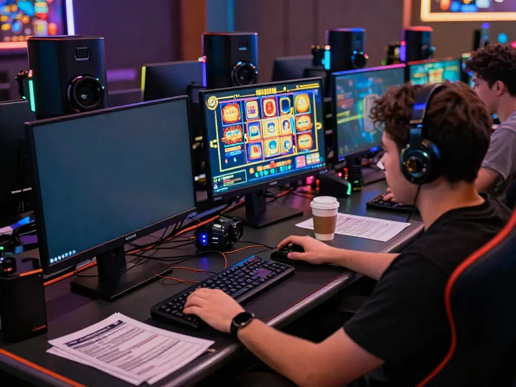 Player engaging in online gambling with akunjp-themed slot games on multiple monitors.