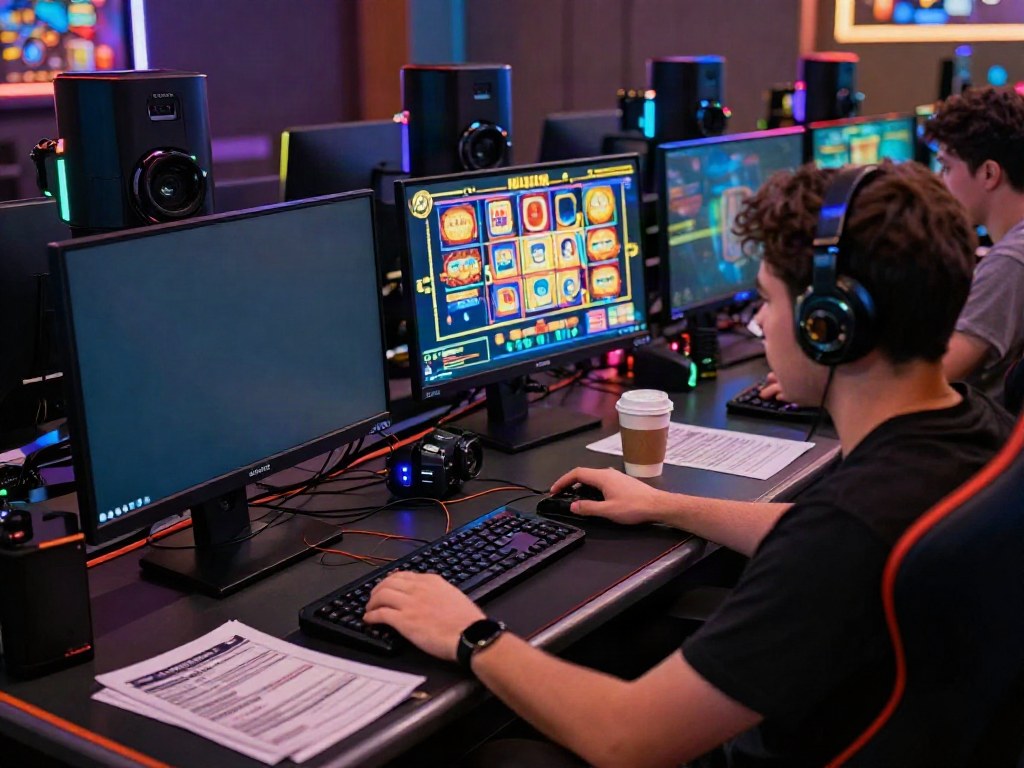 Player engaging in online gambling with akunjp-themed slot games on multiple monitors.