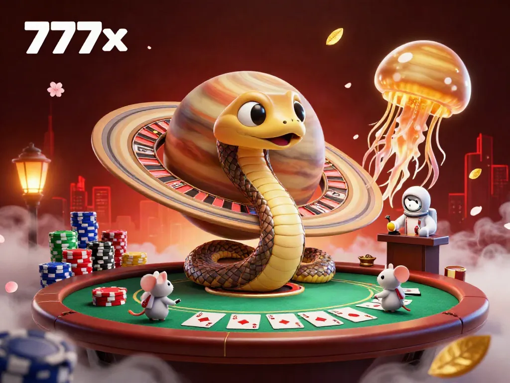 Experience the vibrant casino atmosphere at 777x with a coiled Saturn ring snake as a roulette wheel, surrounded by playful astronaut mice and dynamic poker elements.