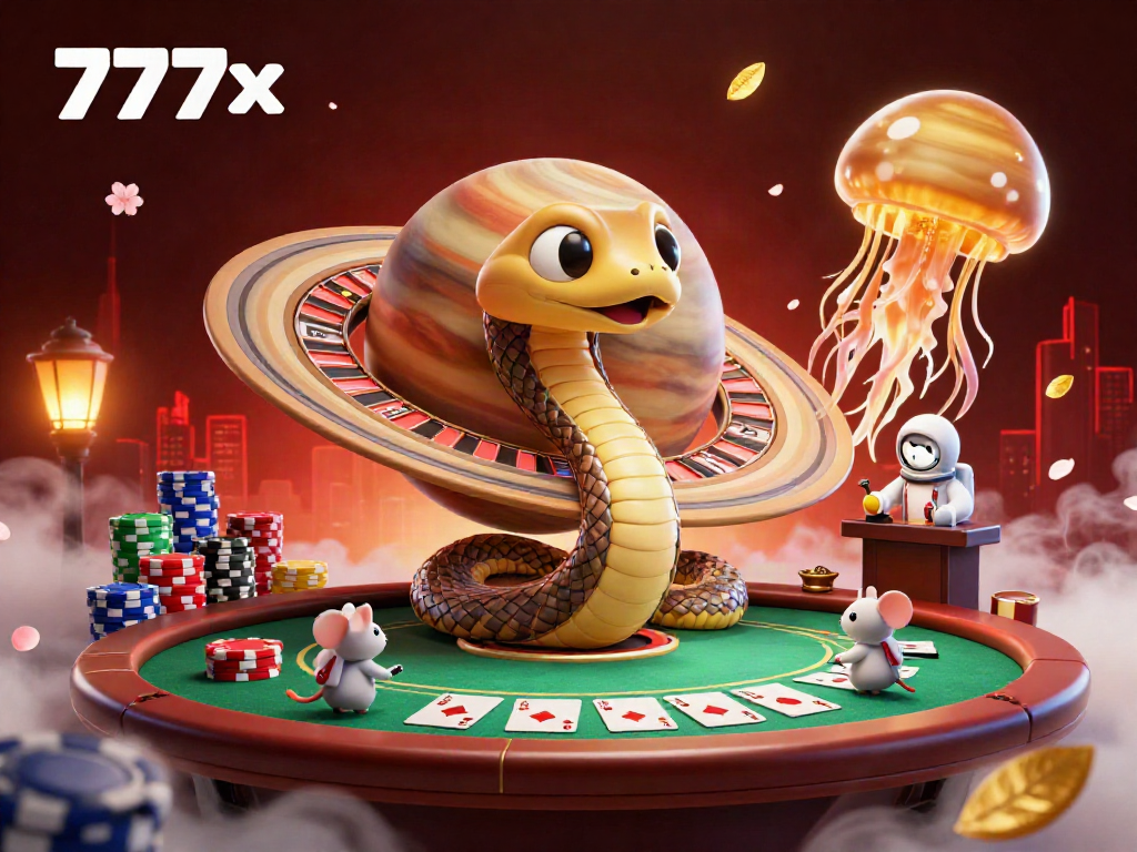 Experience the vibrant casino atmosphere at 777x with a coiled Saturn ring snake as a roulette wheel, surrounded by playful astronaut mice and dynamic poker elements.