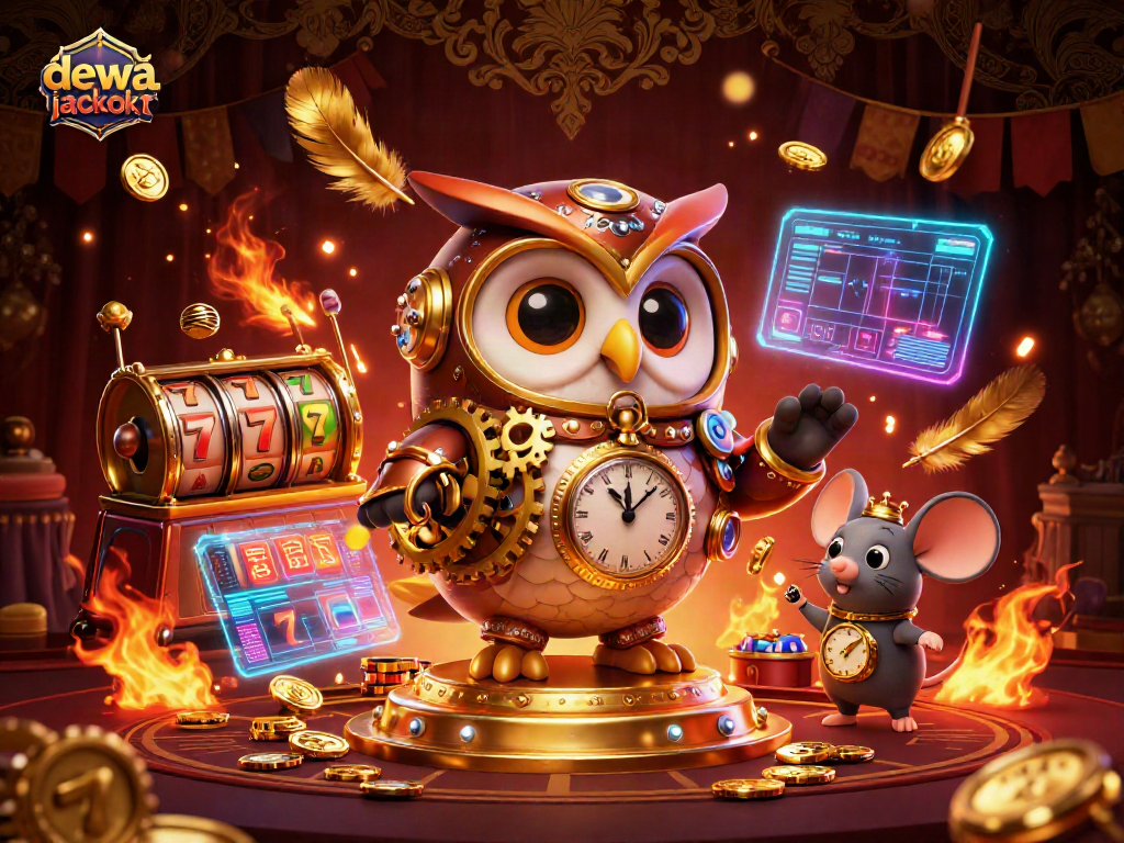 Menangkan hadiah besar dengan dewa jackpot dalam ilustrasi kasino yang menampilkan slot dan koin emas.