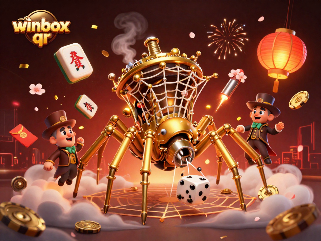 Engage with winbox qr as a steampunk spider captures dice in a vibrant casino scene.