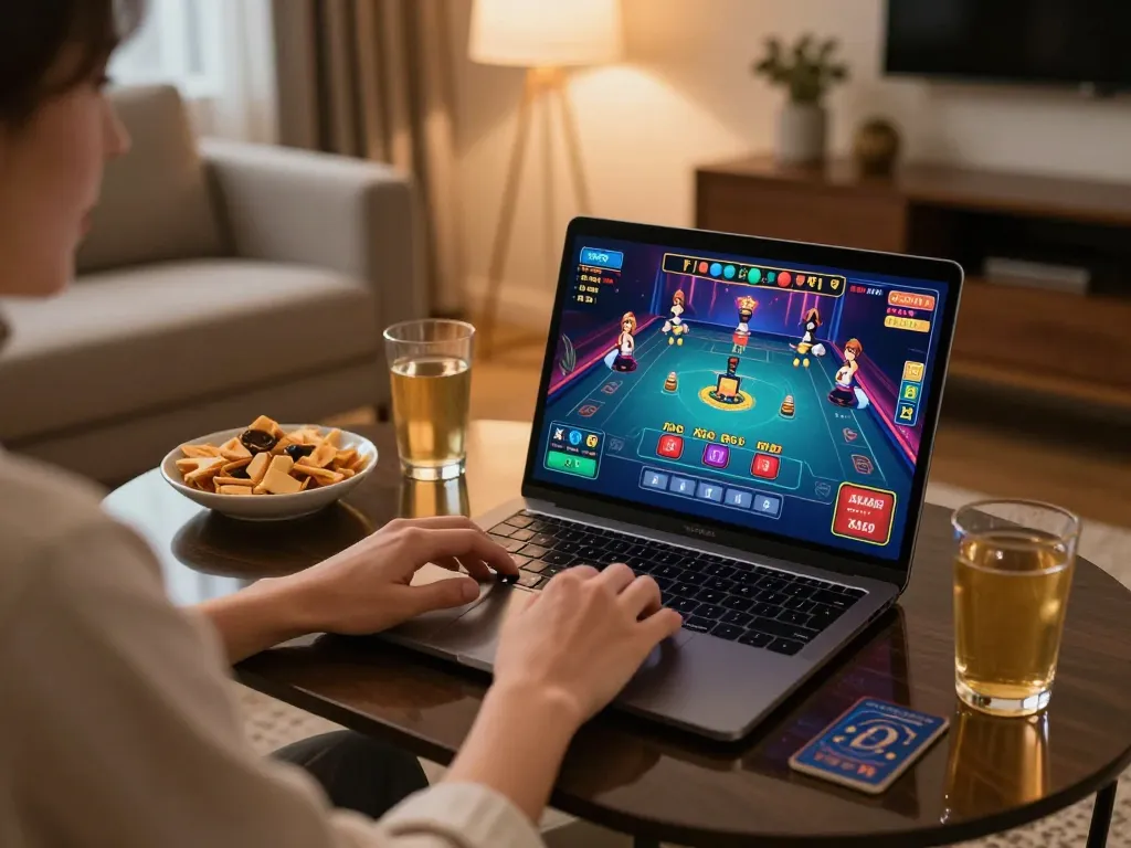 Xóc đĩa online gameplay on a laptop with cozy home setup, showcasing vibrant graphics and engaging atmosphere.