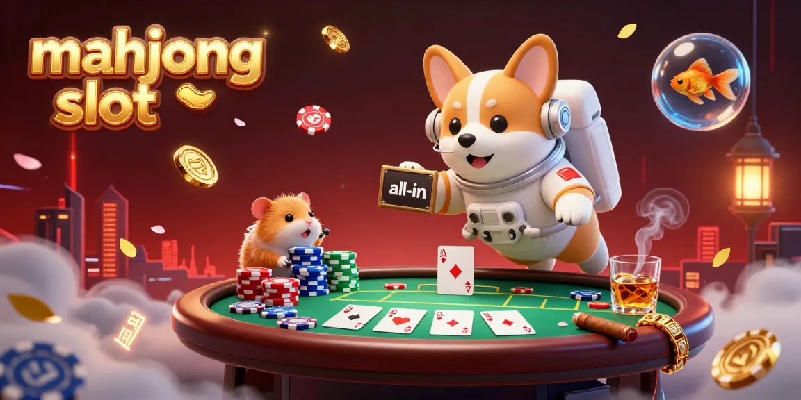 Experience the excitement of mahjong slot gameplay with a floating corgi astronaut in a lively casino scene.
