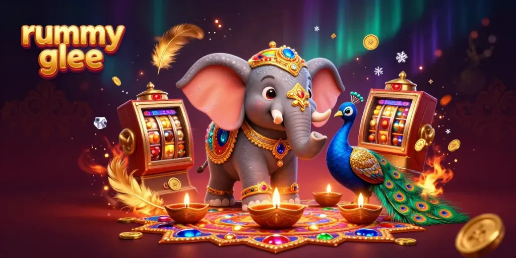 Visualisasi menggugah tentang rummy glee dengan elemen kasino yang menyala dan berwarna cerah.