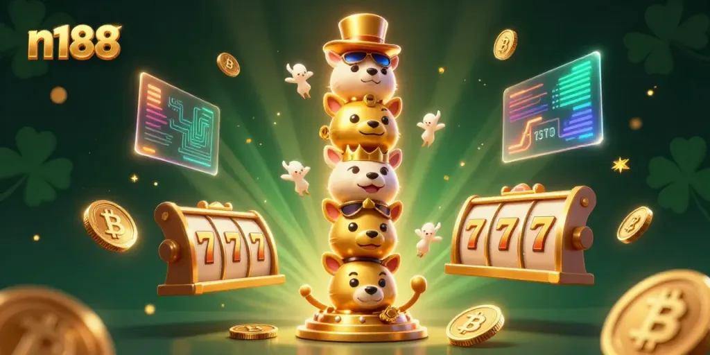 Spin the jackpot at N188 with dynamic 3D visuals of totem poles and glowing crypto coins.