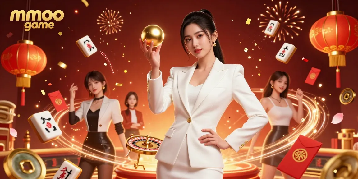 Engage in thrilling play with mmoo game, illustrated by a confident Asian woman in a casino-inspired digital artwork.