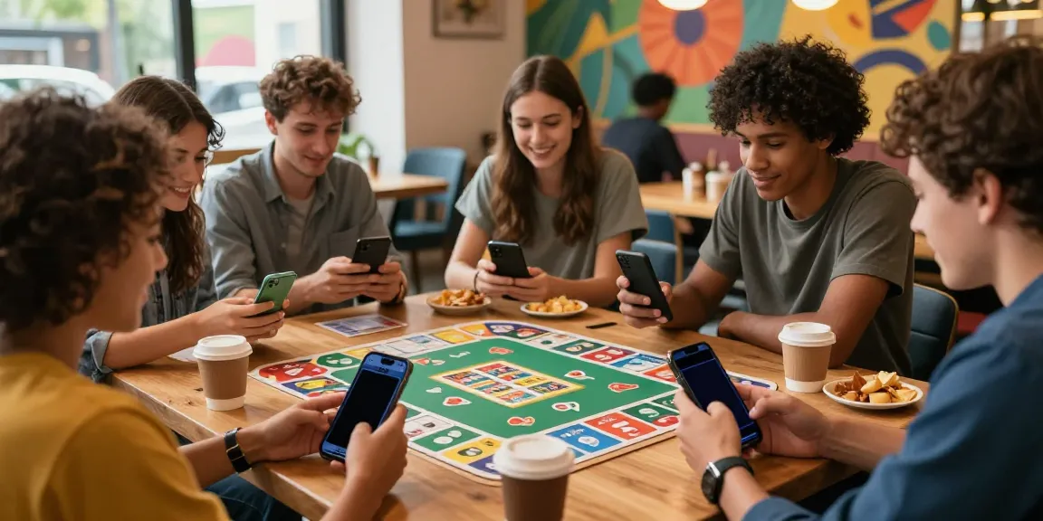 Engaged players enjoying the Rumble Rummy app in a lively cafe setting.