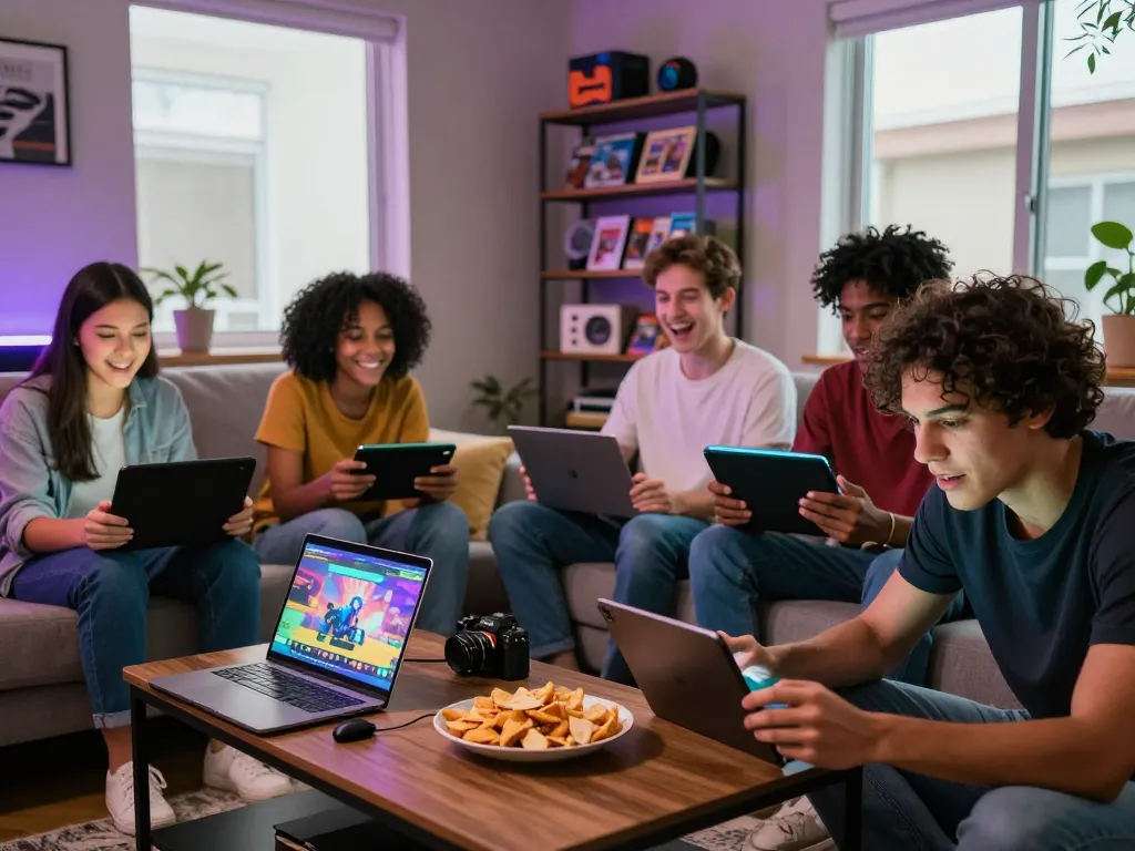 Group enjoying porngame fun in a vibrant living room with gaming devices.